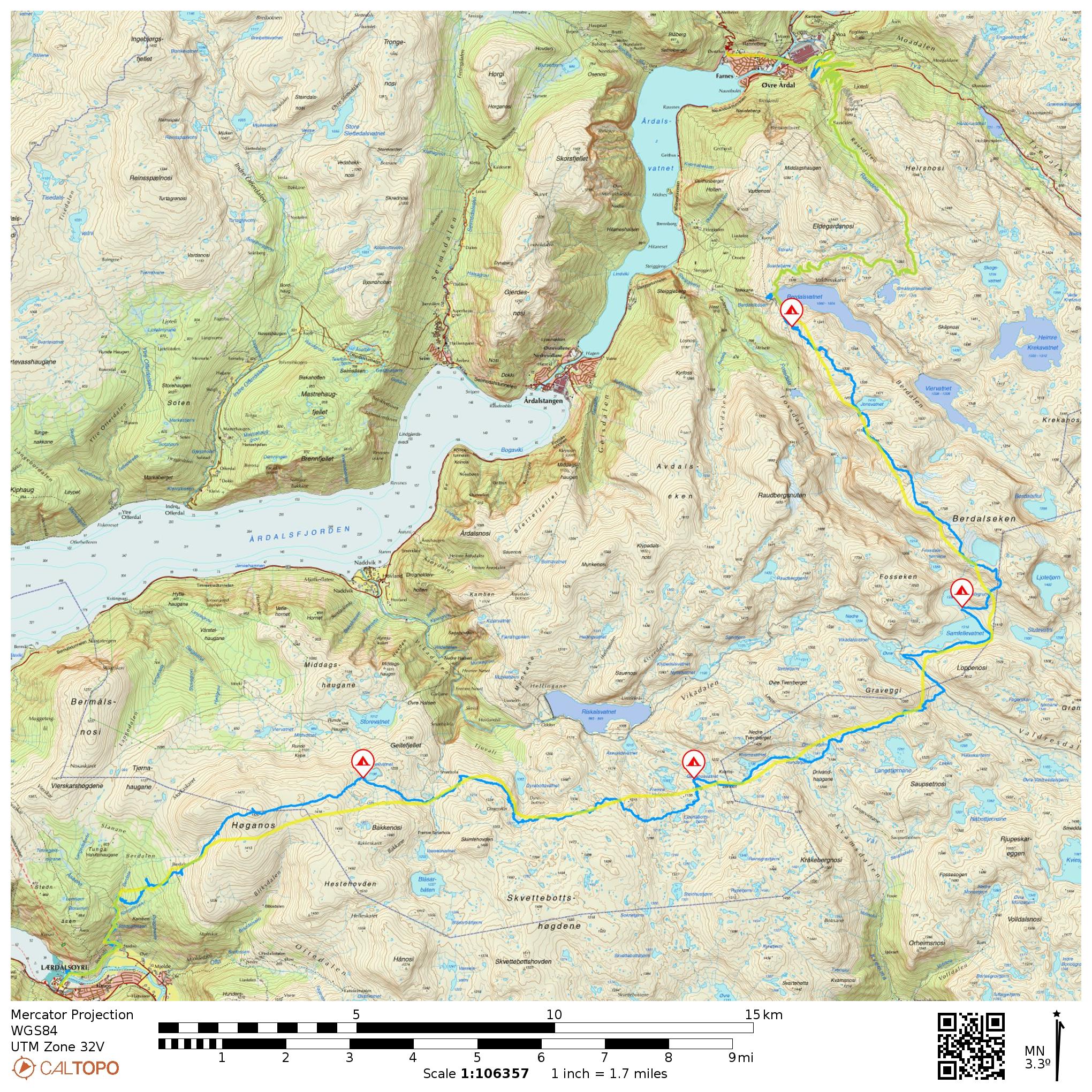 Map of area between Laerdalsoyri and Övre Årdal