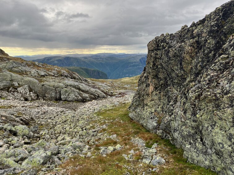 Landscape with fjords in the background and a grassy strip around a large stone